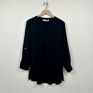 Susan Graver Black Adjustable Long Sleeve Asymmetrical Hem Tunic Blouse,…